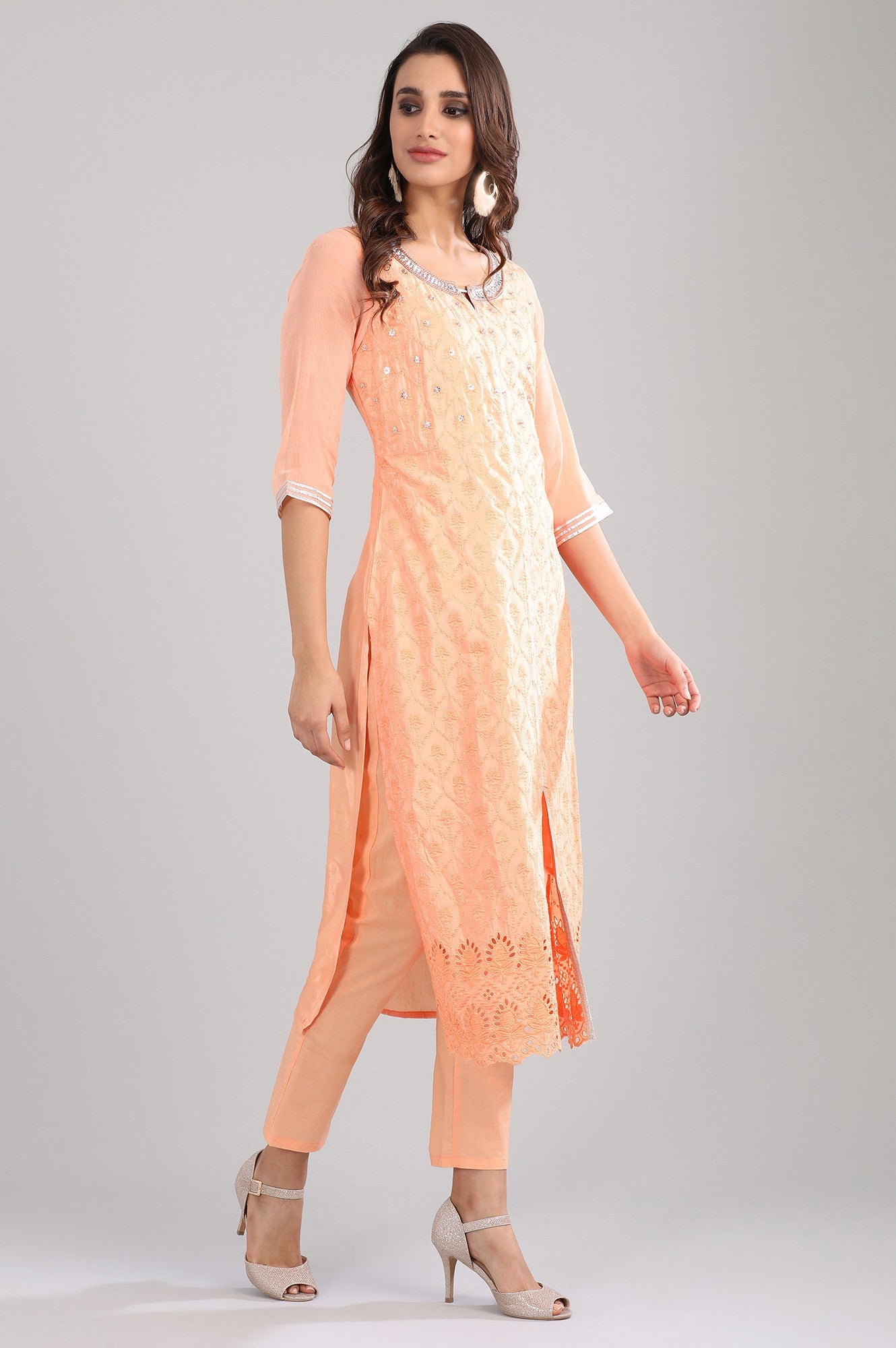 Orange Round Neck Embellished kurta Set