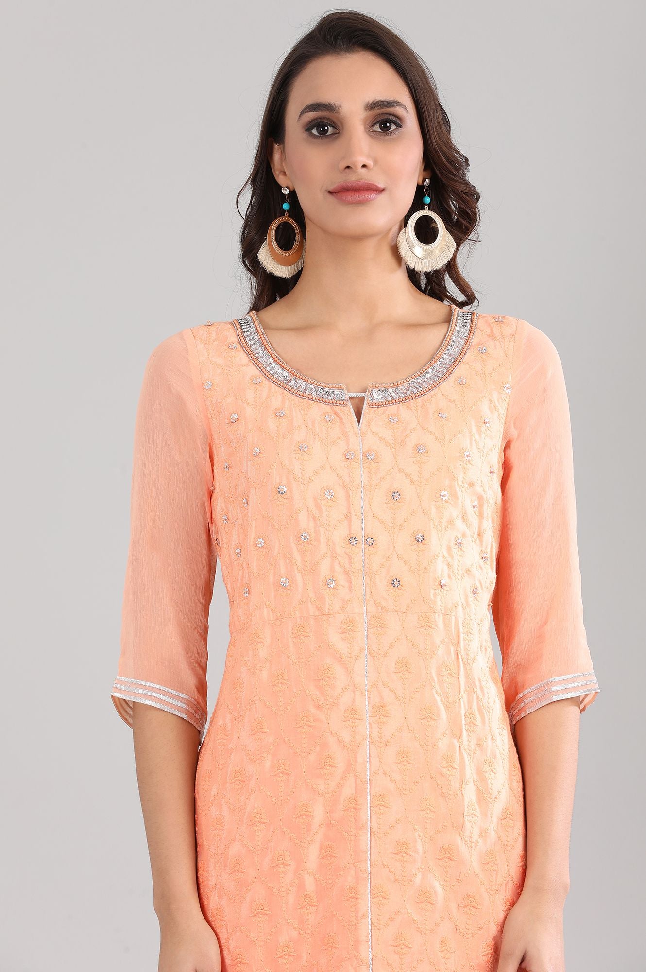 Orange Round Neck Embellished kurta Set