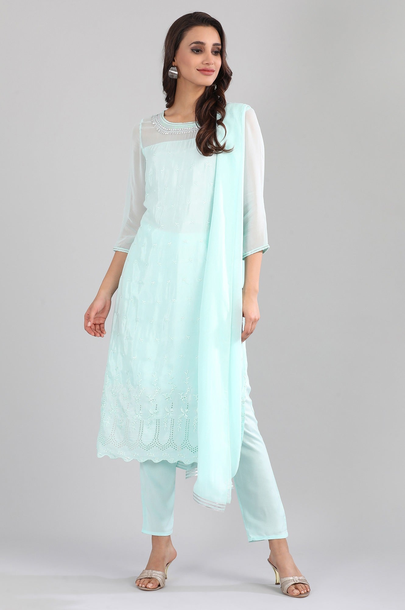 Blue Round Neck Solid kurta Set