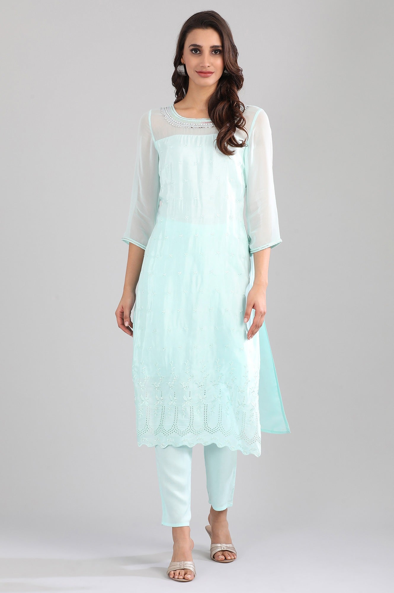 Blue Round Neck Solid kurta Set