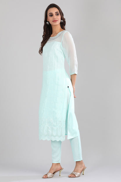 Blue Round Neck Solid kurta Set