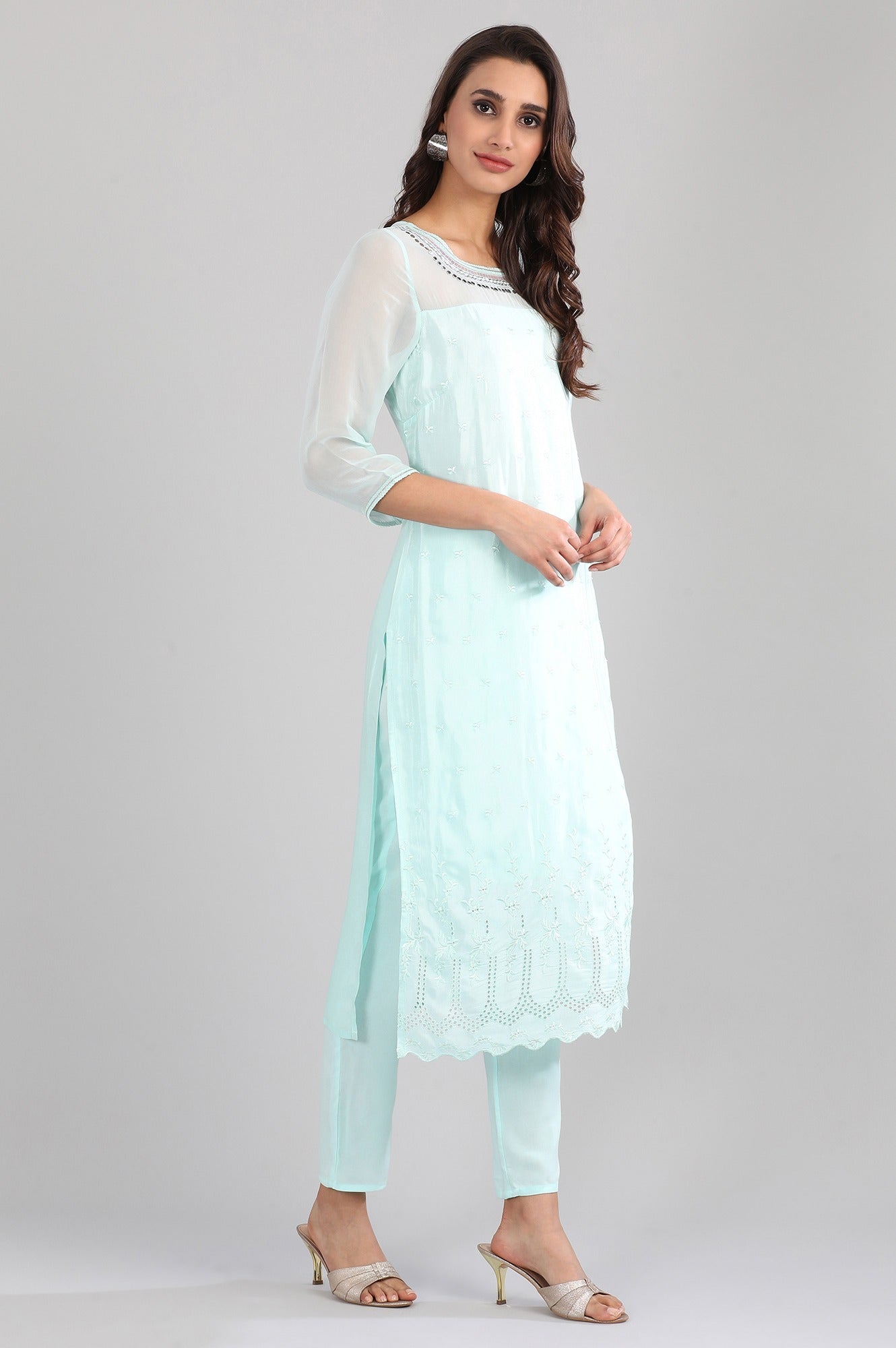 Blue Round Neck Solid kurta Set