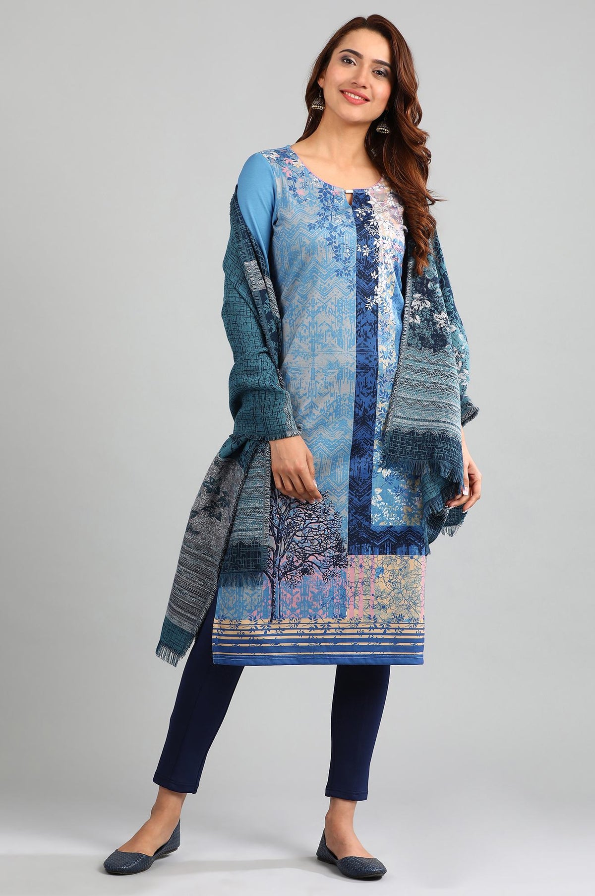 Blue Round Neck Winter kurta - S