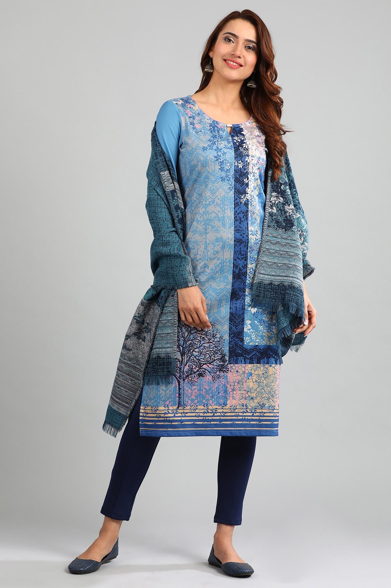 Blue Round Neck Winter kurta