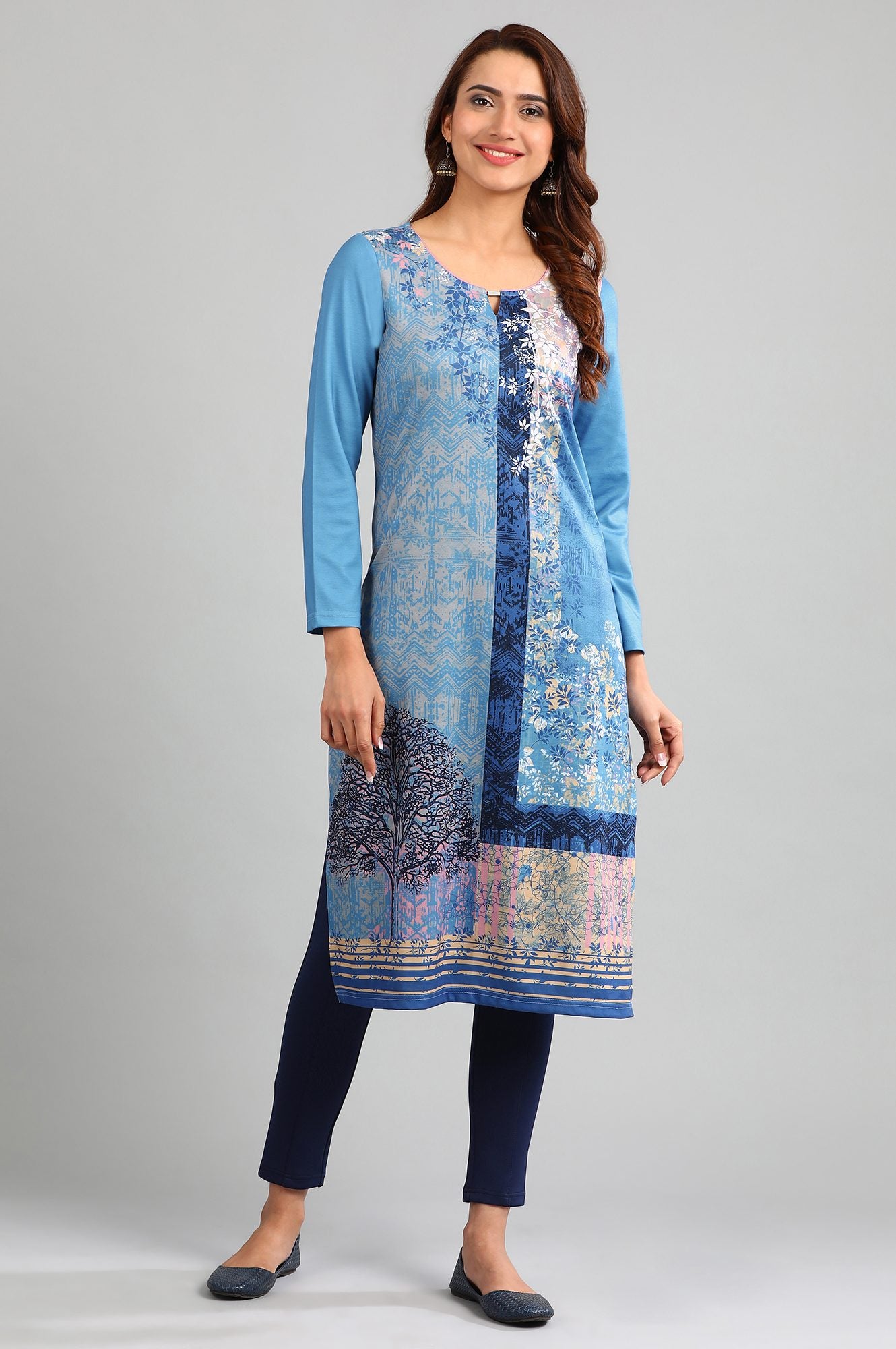 Blue Round Neck Winter kurta