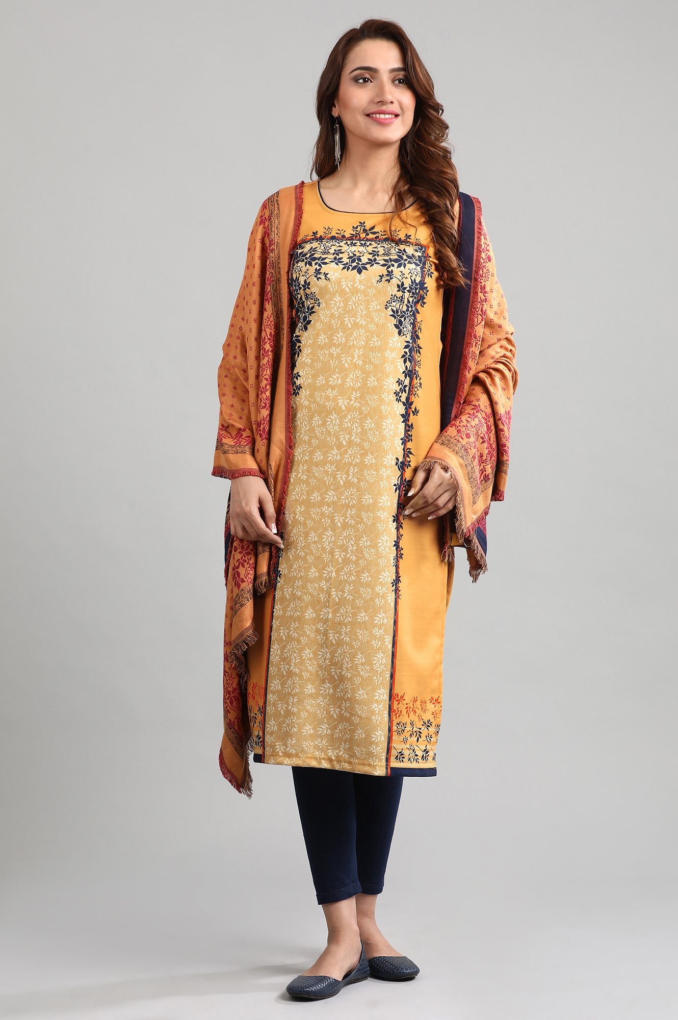 Yellow Round Neck Winter kurta