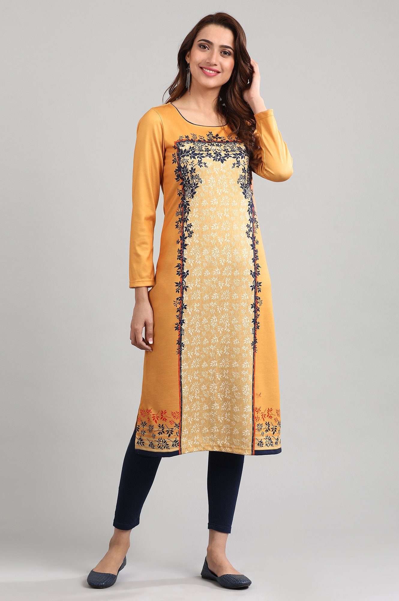 Yellow Round Neck Winter kurta