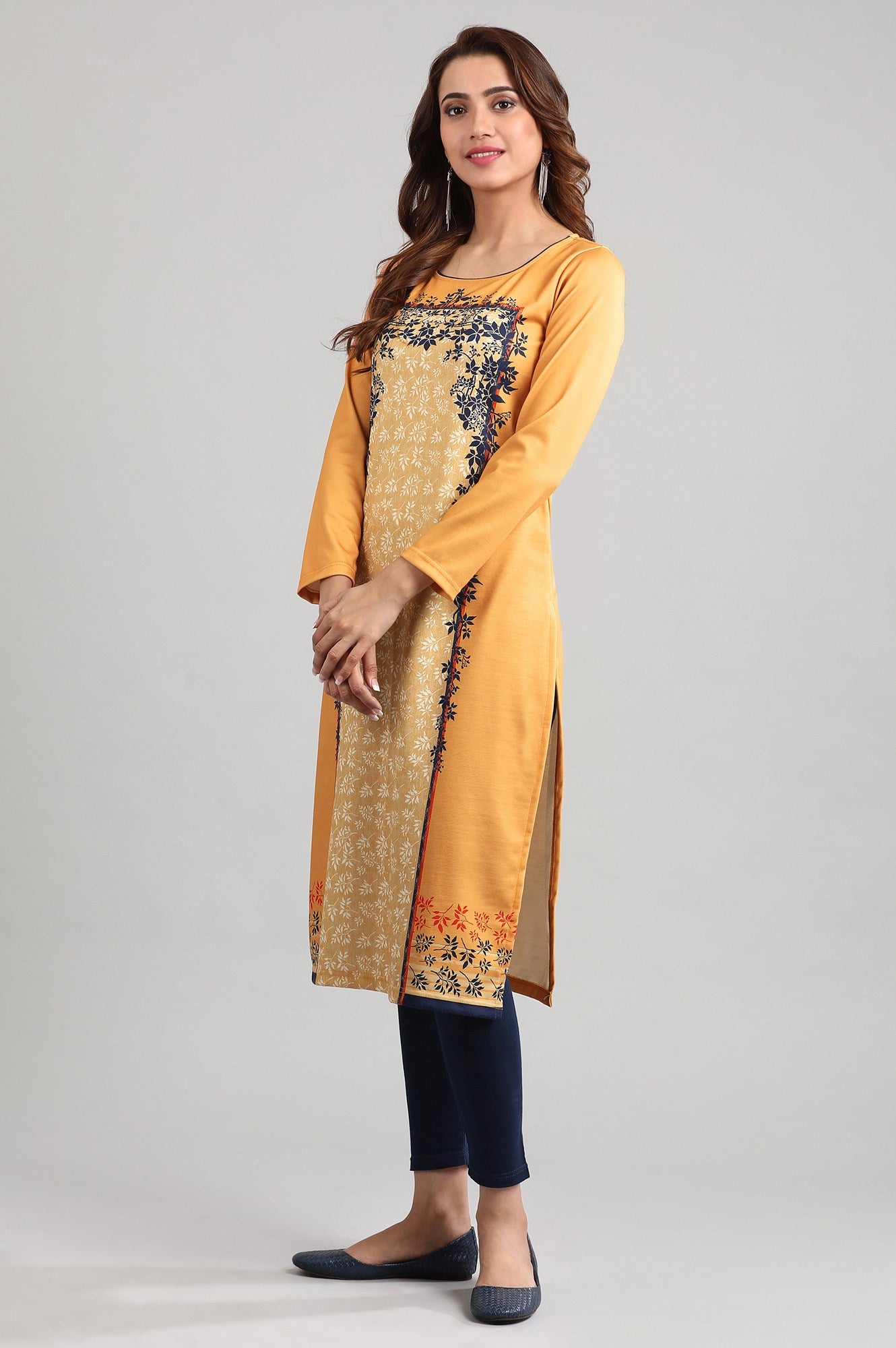 Yellow Round Neck Winter kurta