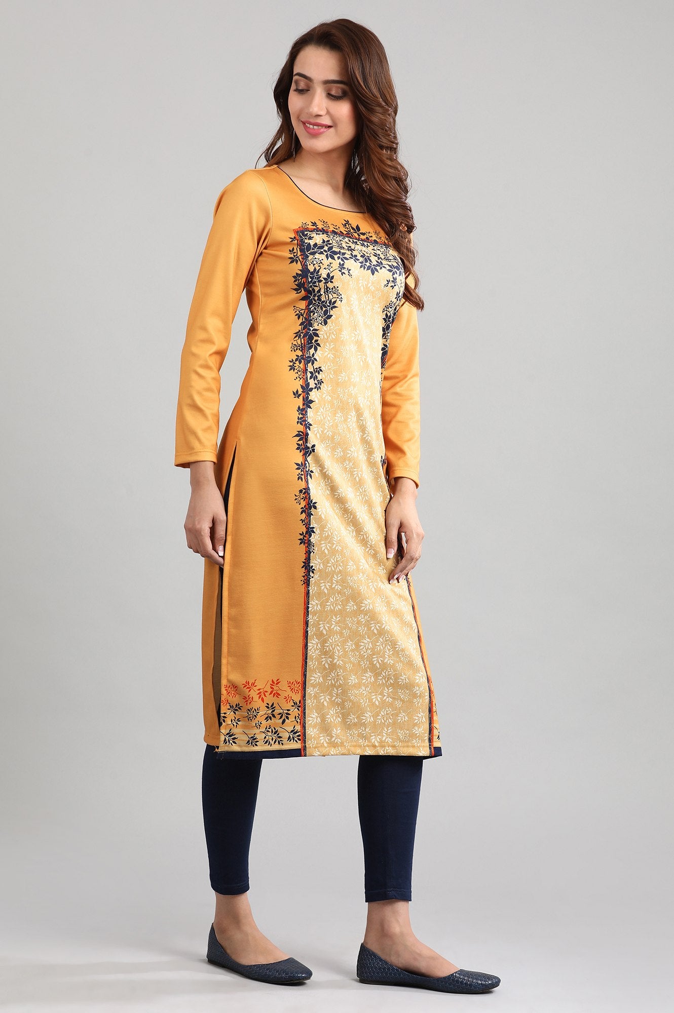 Yellow Round Neck Winter kurta