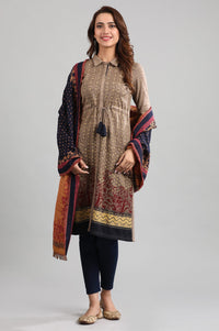 Brown Shirt Collar Printed Winter kurta