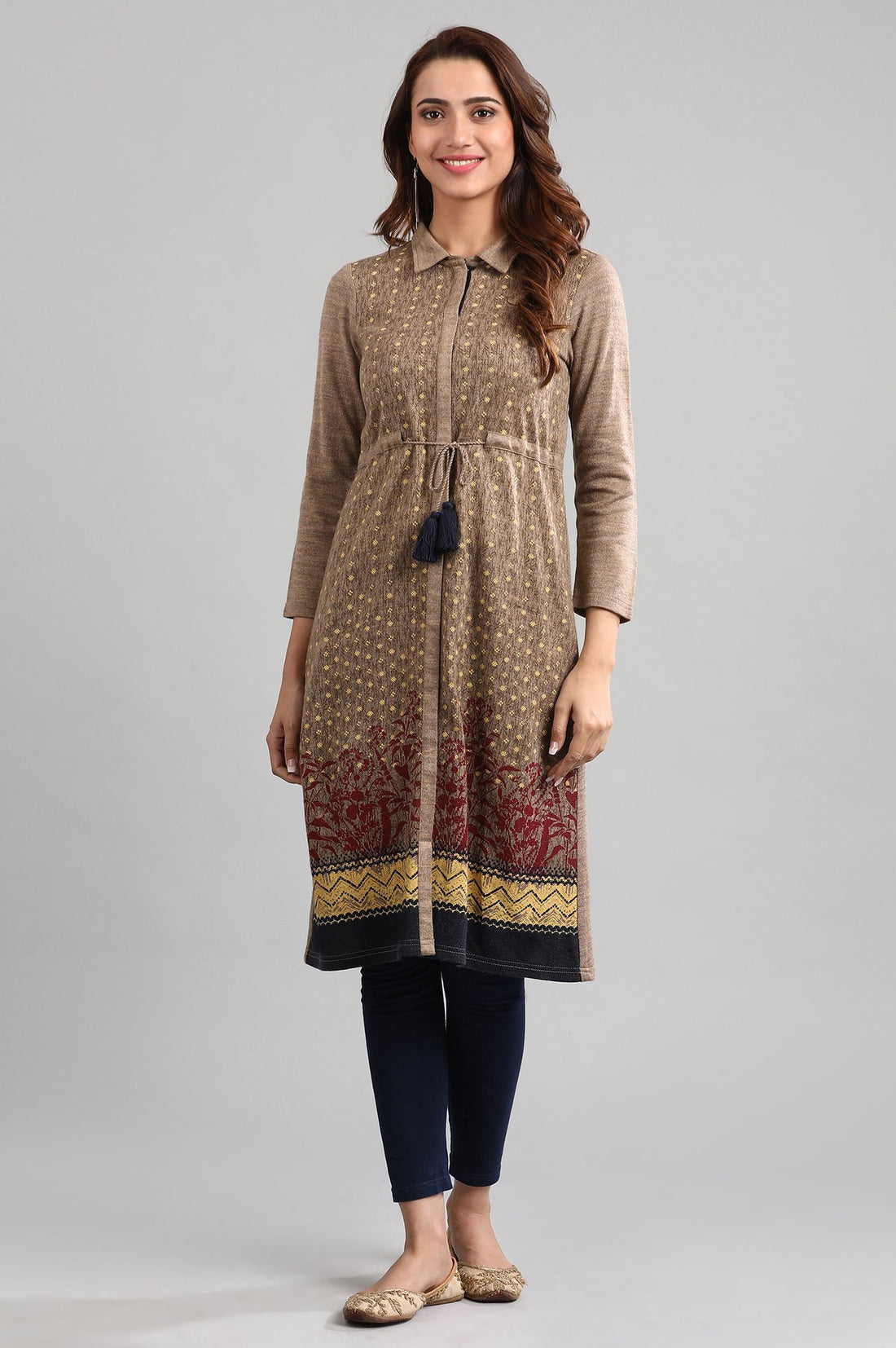 Brown Shirt Collar Printed Winter kurta