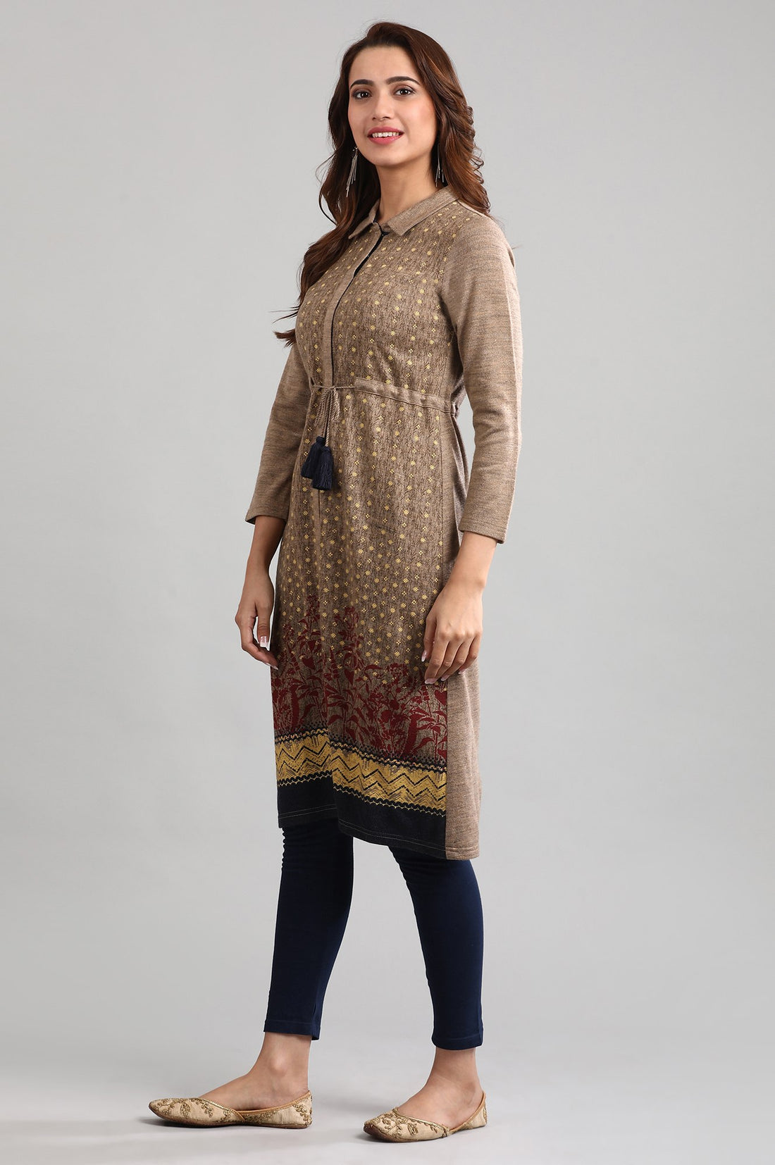 Brown Shirt Collar Printed Winter kurta