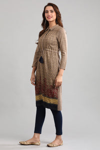 Brown Shirt Collar Printed Winter kurta