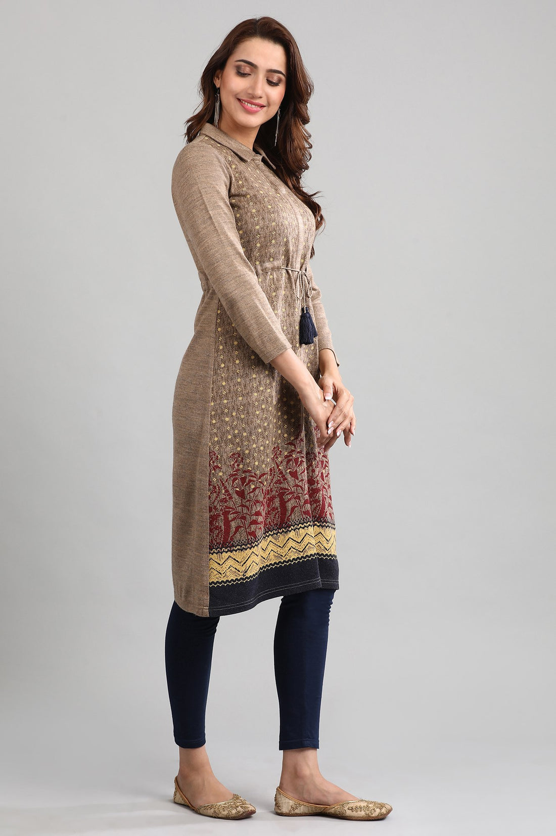 Brown Shirt Collar Printed Winter kurta