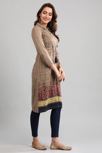 Brown Shirt Collar Printed Winter kurta