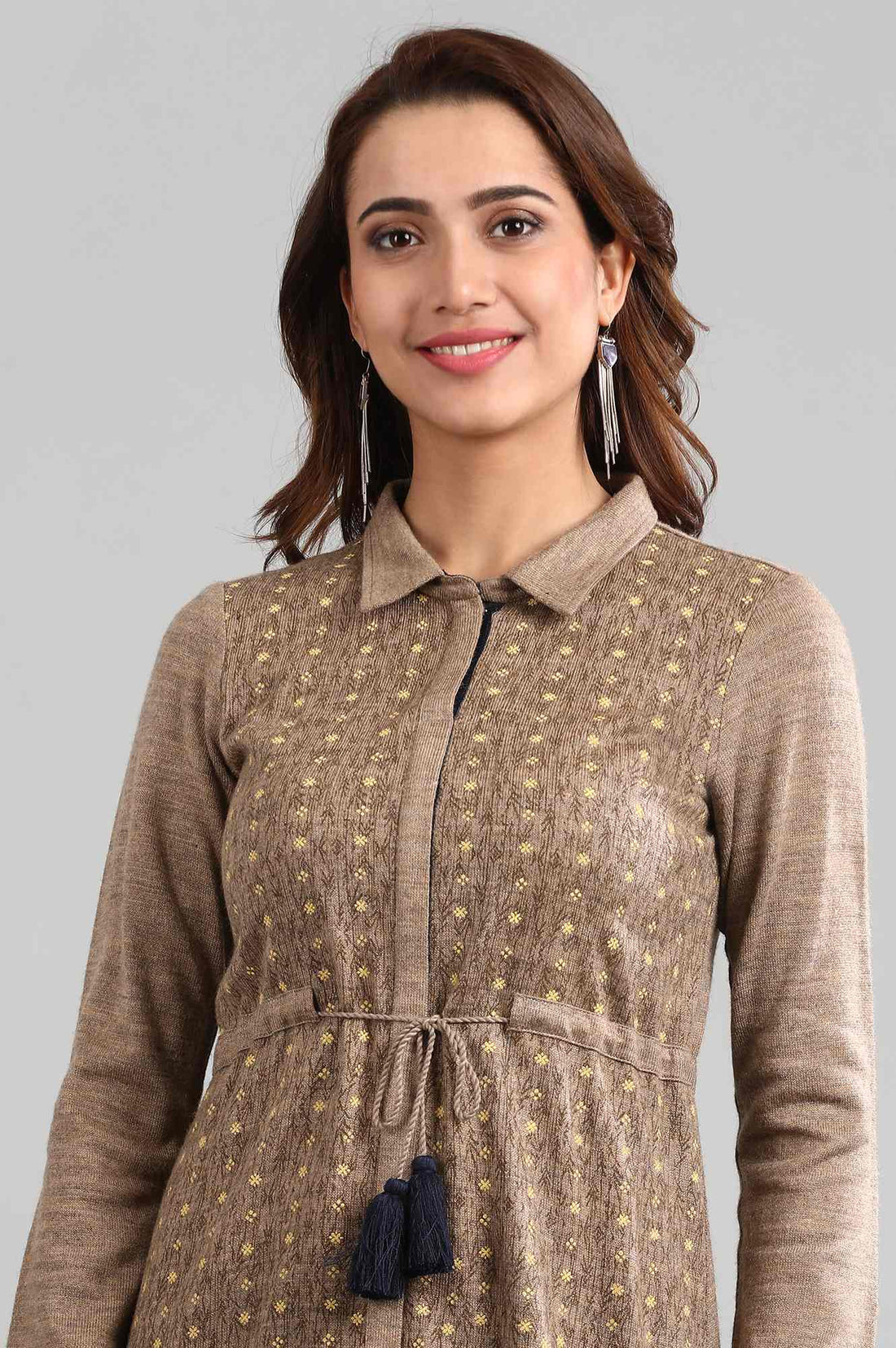 Brown Shirt Collar Printed Winter kurta