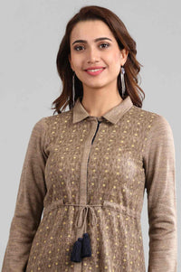 Brown Shirt Collar Printed Winter kurta