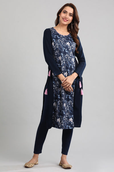 Blue Round Neck Layered Winter kurta