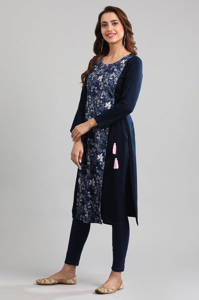 Blue Round Neck Layered Winter kurta