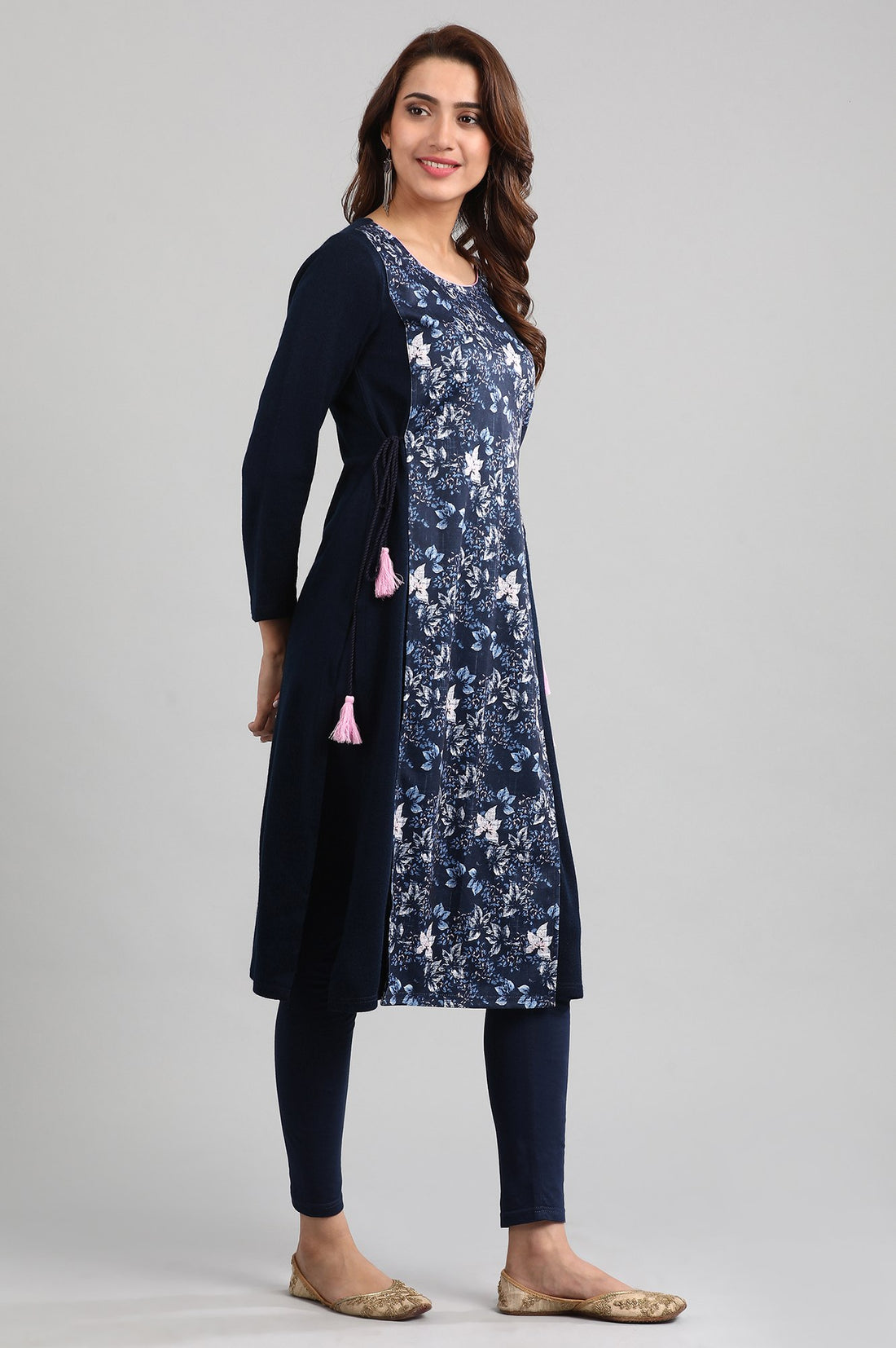 Blue Round Neck Layered Winter kurta