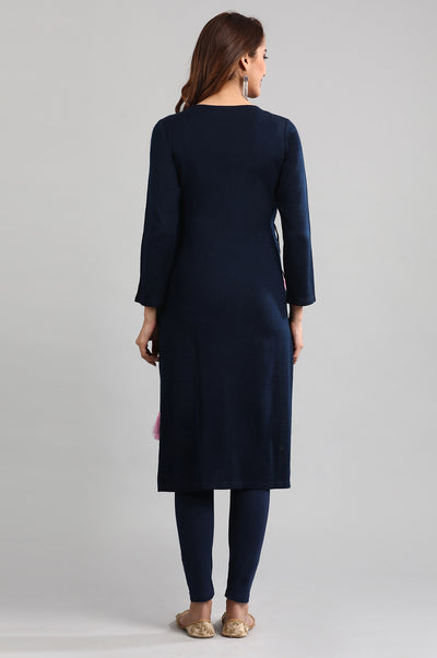 Blue Round Neck Layered Winter kurta