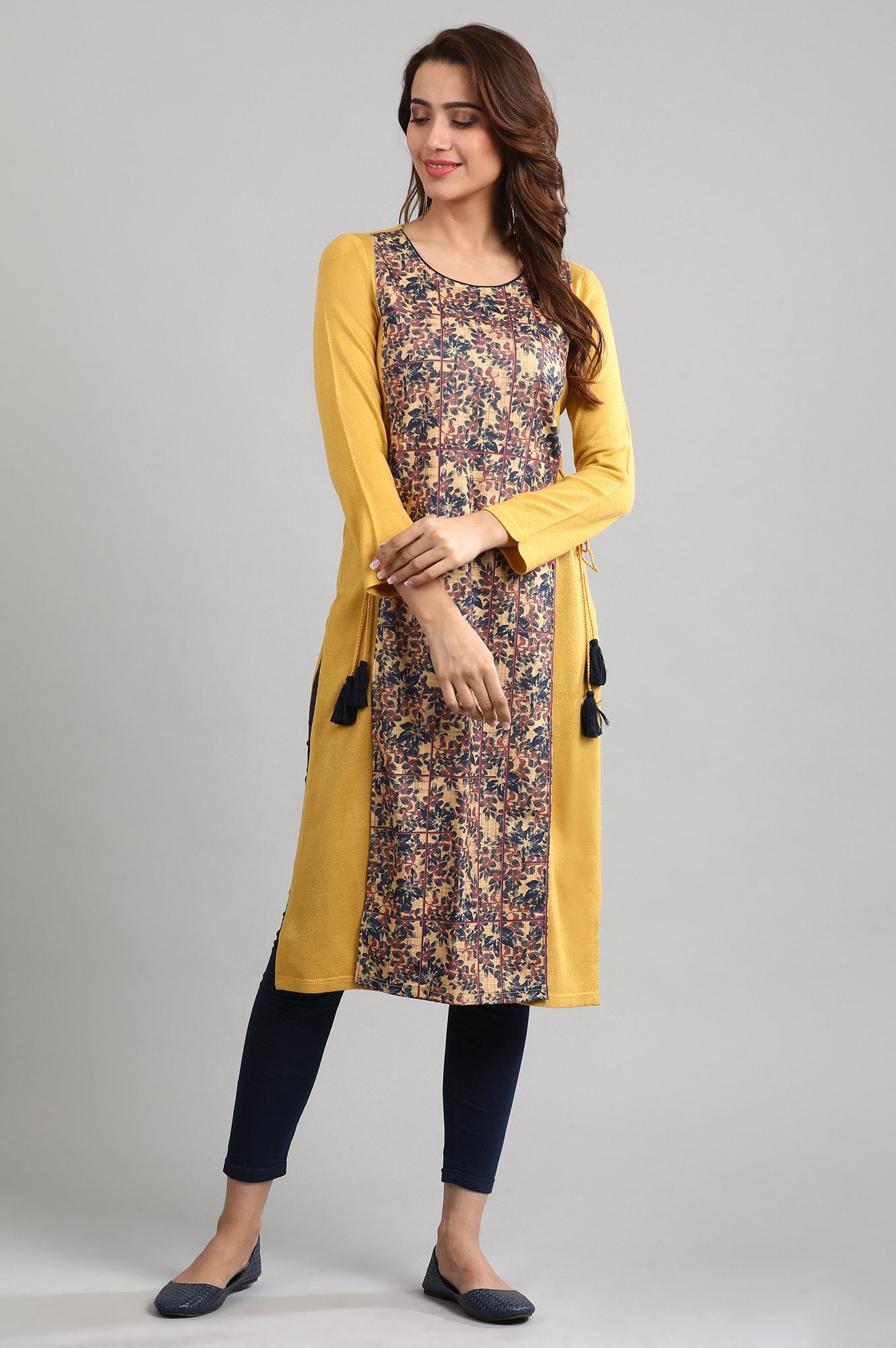 Yellow Round Neck Winter kurta