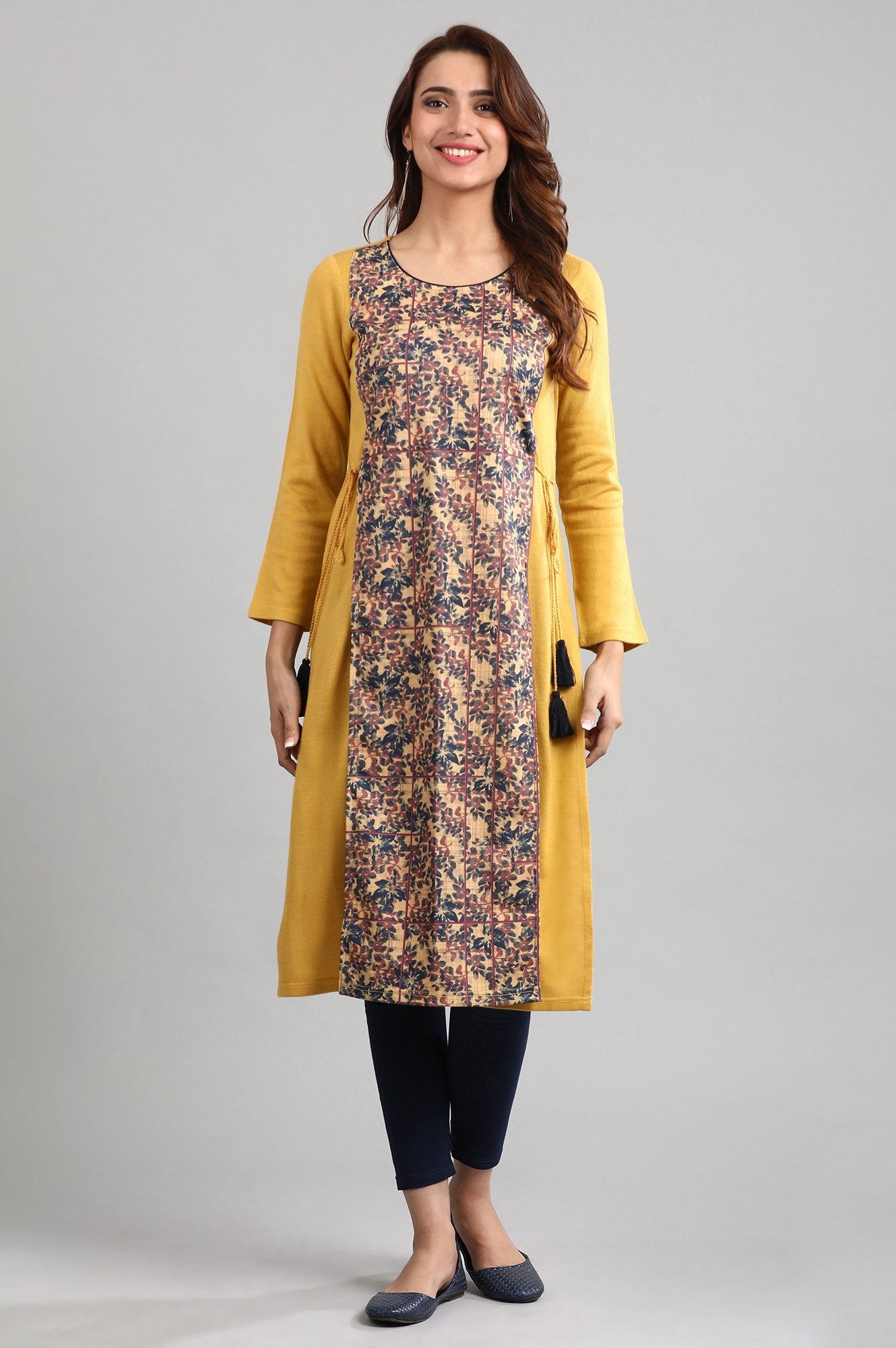 Yellow Round Neck Winter kurta