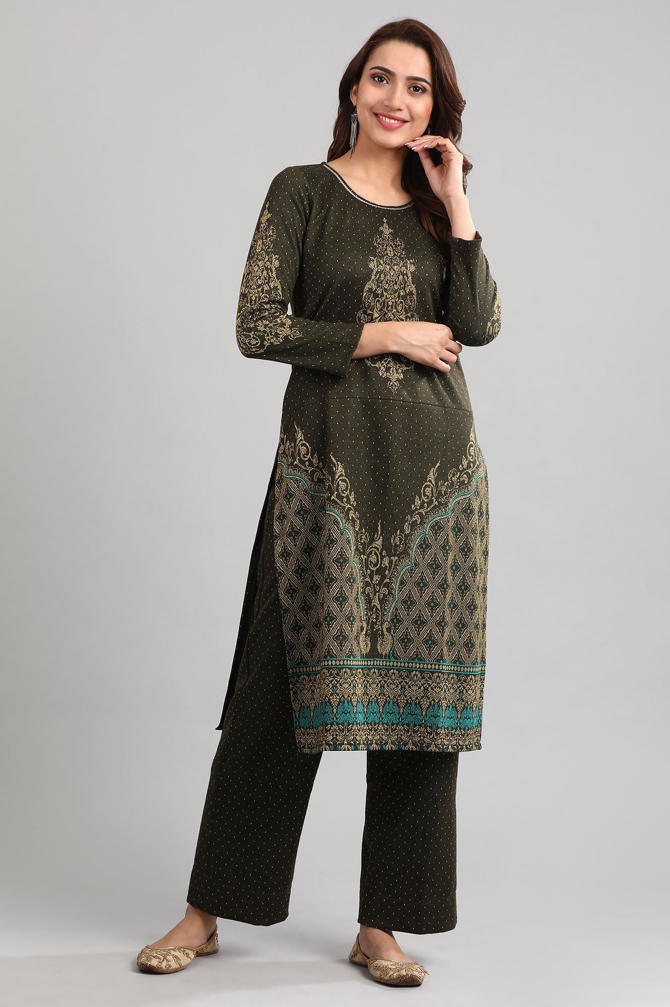 Green Round Neck Yarn-dyed Winter kurta