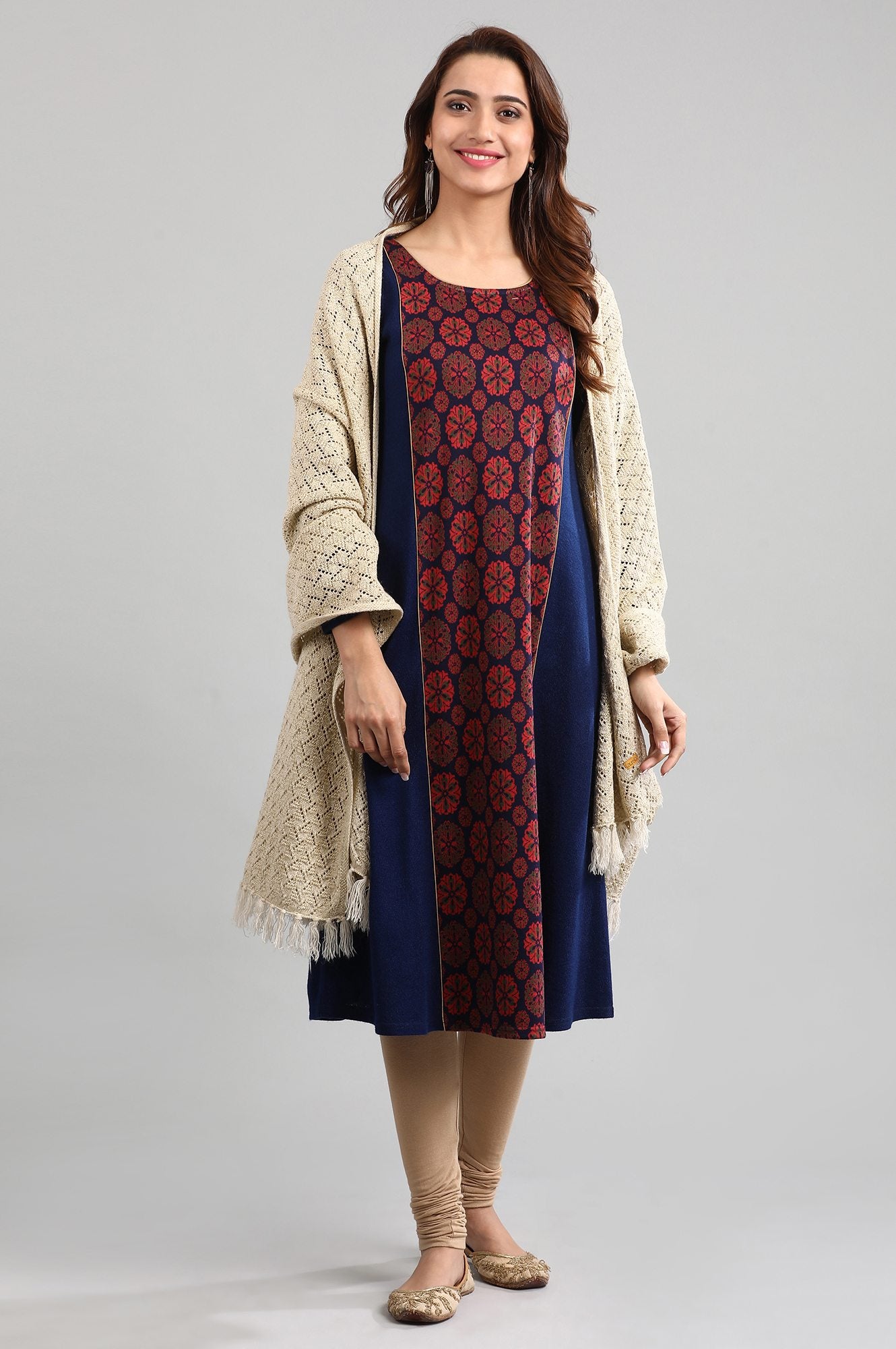 Blue Round Neck Yarn-dyed Winter kurta