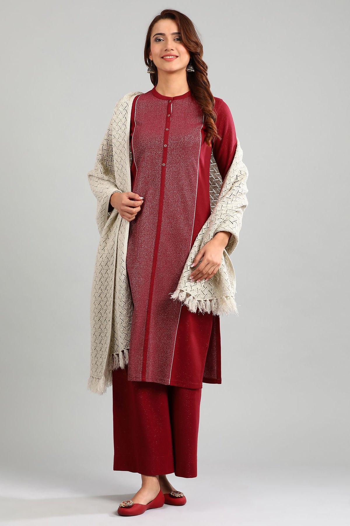 Red Band Collar Yarn-dyed Winter kurta - XS