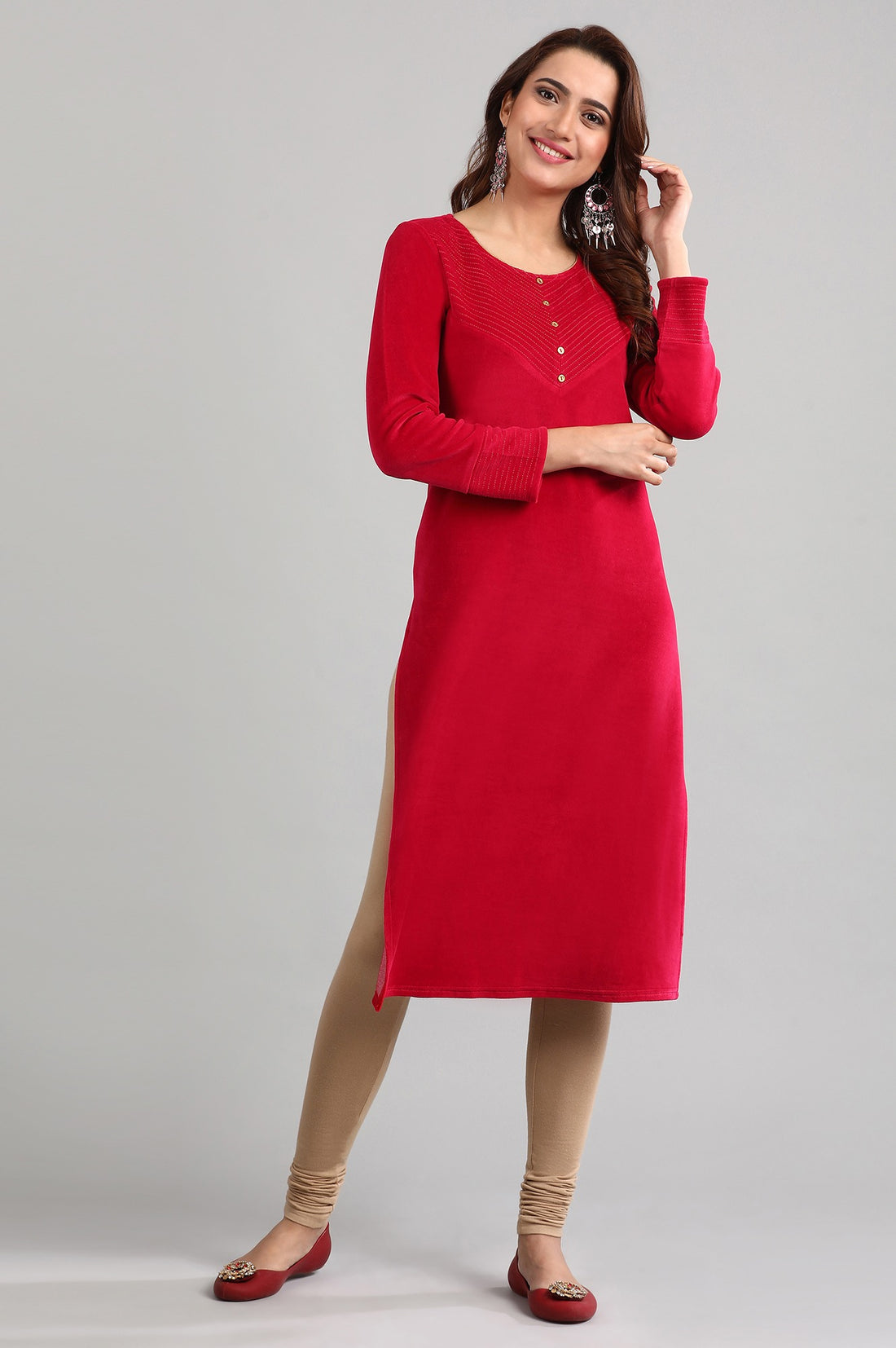 Pink Round Neck Yarn-dyed Winter kurta