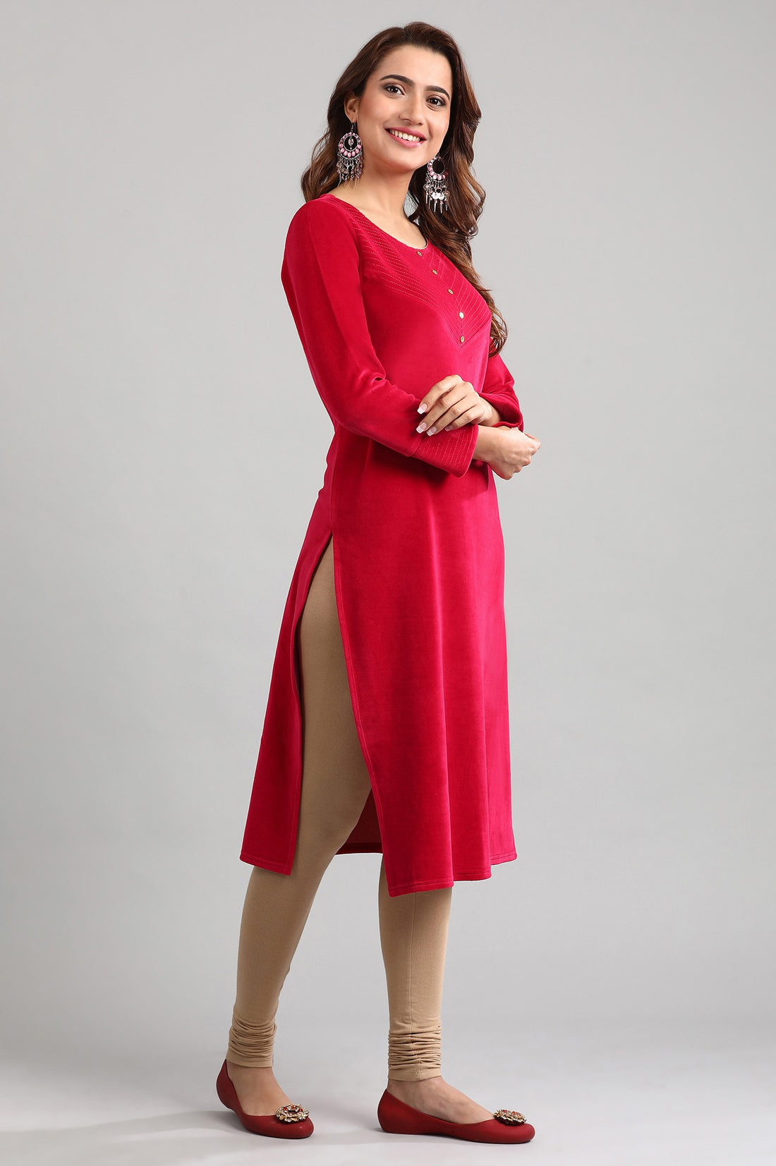 Pink Round Neck Yarn-dyed Winter kurta