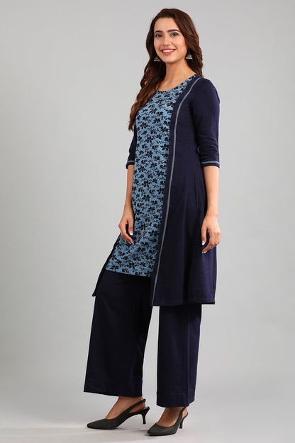 Blue Round Neck Yarn-dyed Winter kurta