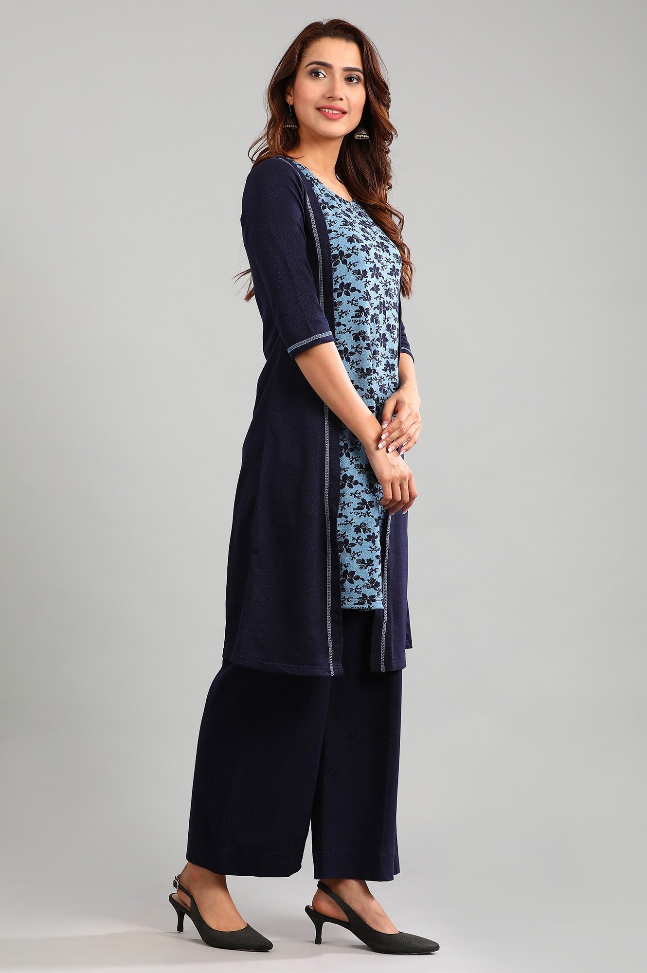 Blue Round Neck Yarn-dyed Winter kurta