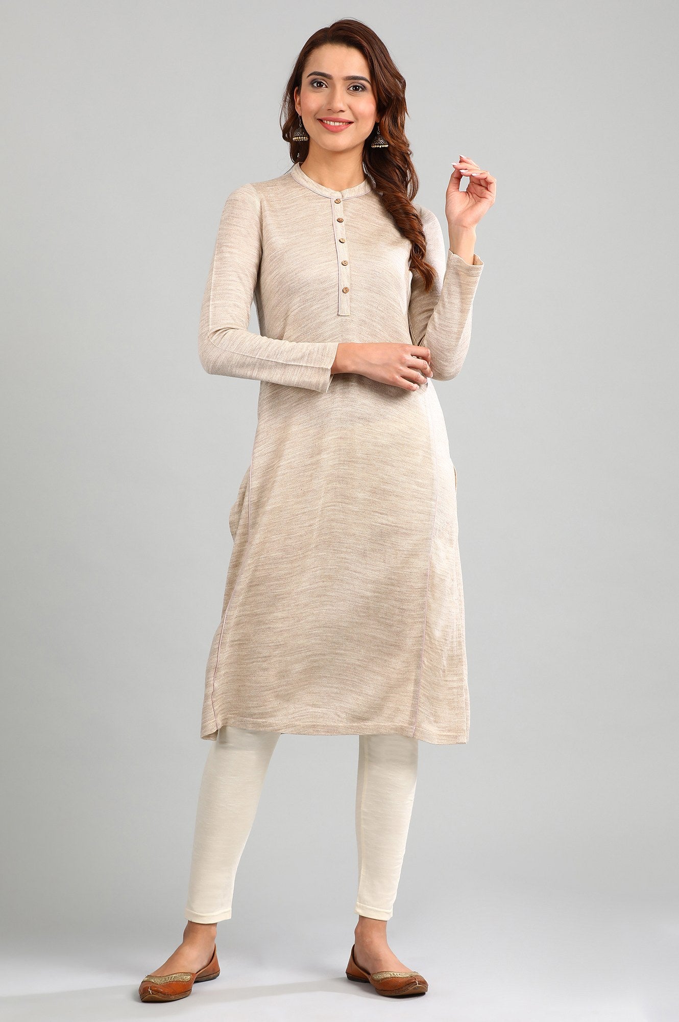 Beige Band Collar Yarn-dyed Winter kurta