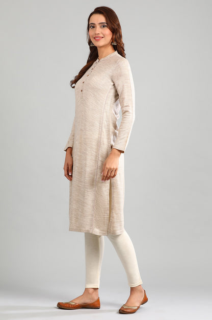 Beige Band Collar Yarn-dyed Winter kurta