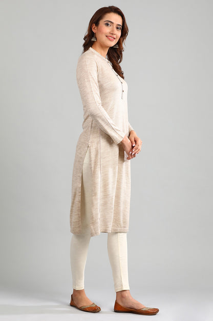 Beige Band Collar Yarn-dyed Winter kurta