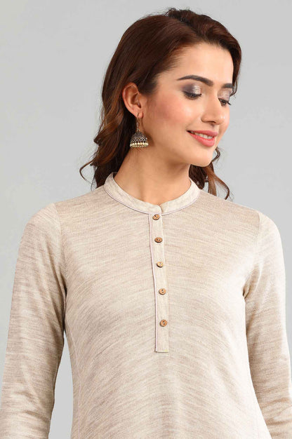 Beige Band Collar Yarn-dyed Winter kurta