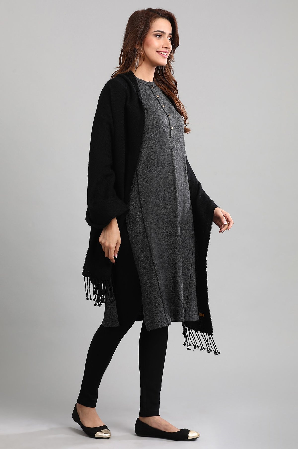 Grey Band Collar Yarn-dyed Winter kurta - XS