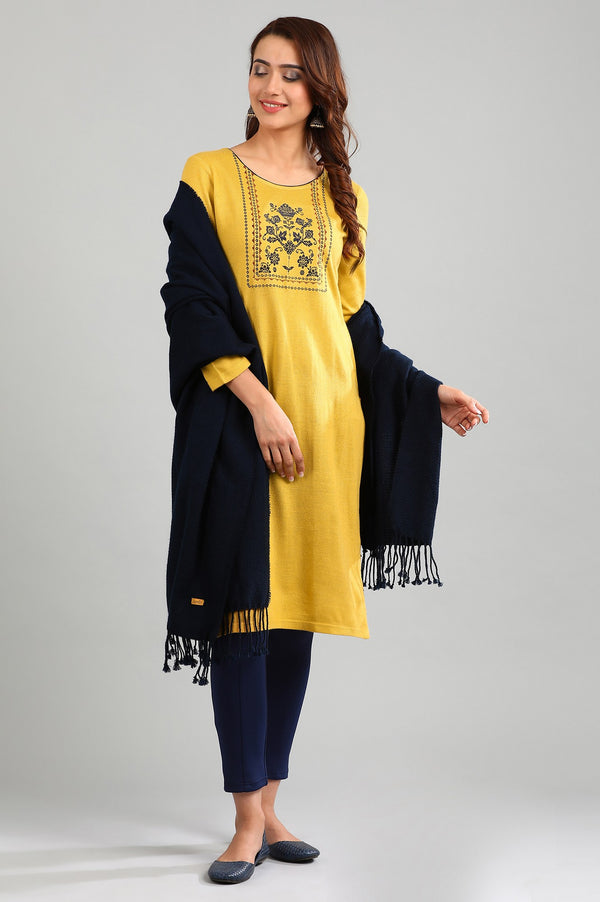 Yellow Round Neck Yarn-dyed Winter kurta