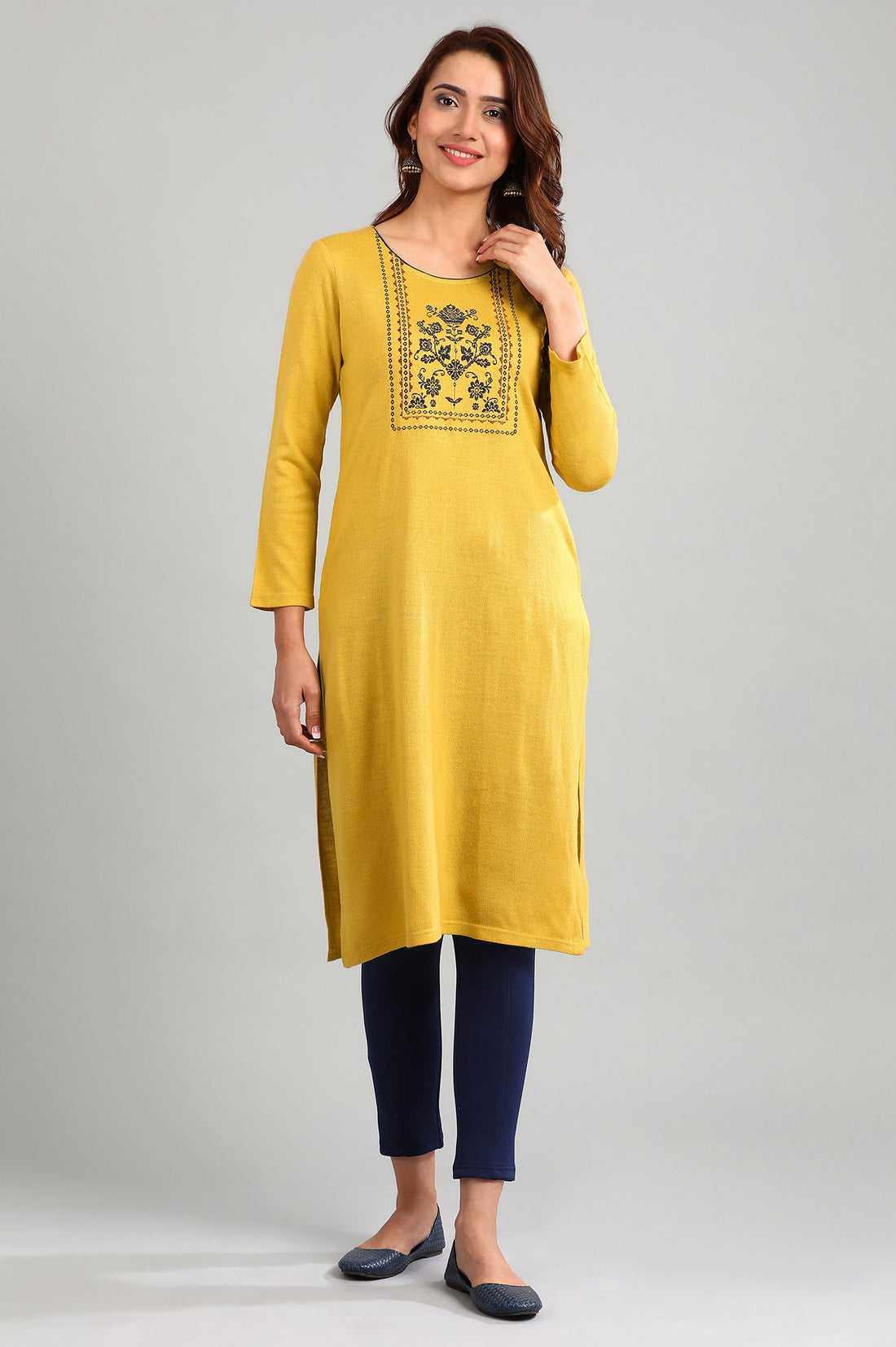 Yellow Round Neck Yarn-dyed Winter kurta