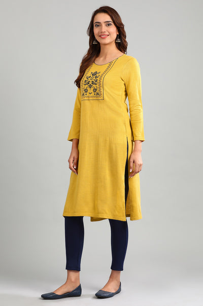 Yellow Round Neck Yarn-dyed Winter kurta