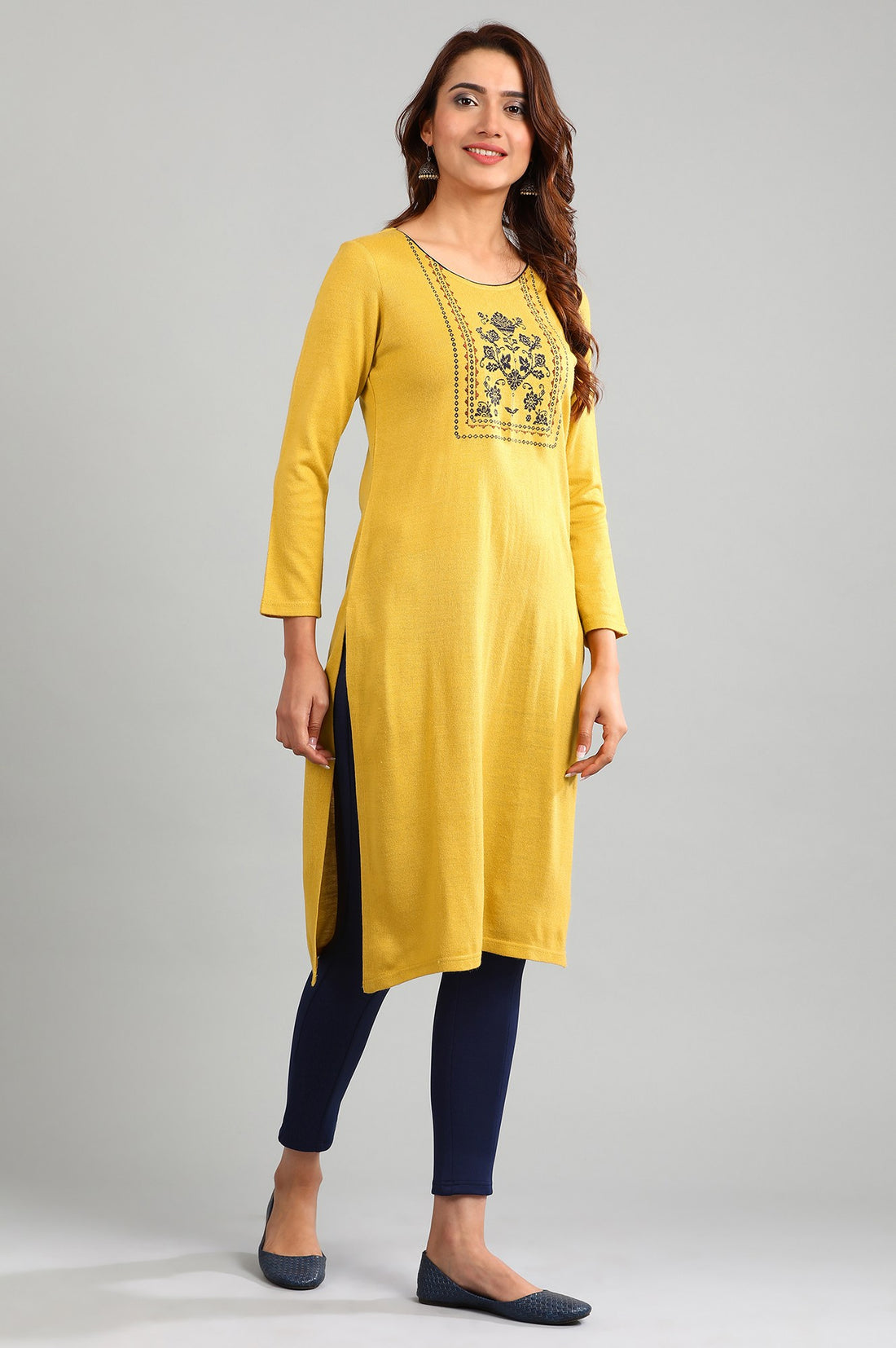 Yellow Round Neck Yarn-dyed Winter kurta