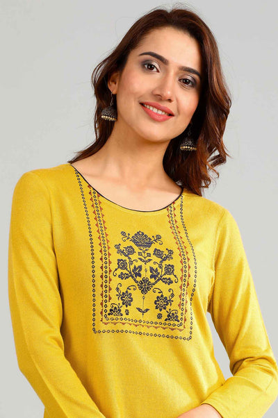 Yellow Round Neck Yarn-dyed Winter kurta