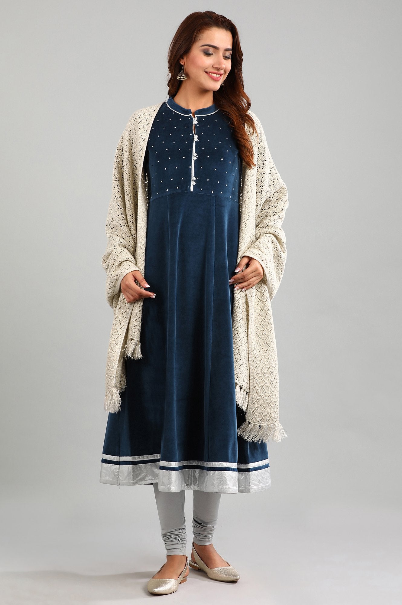 Blue Round Neck Winter kurta