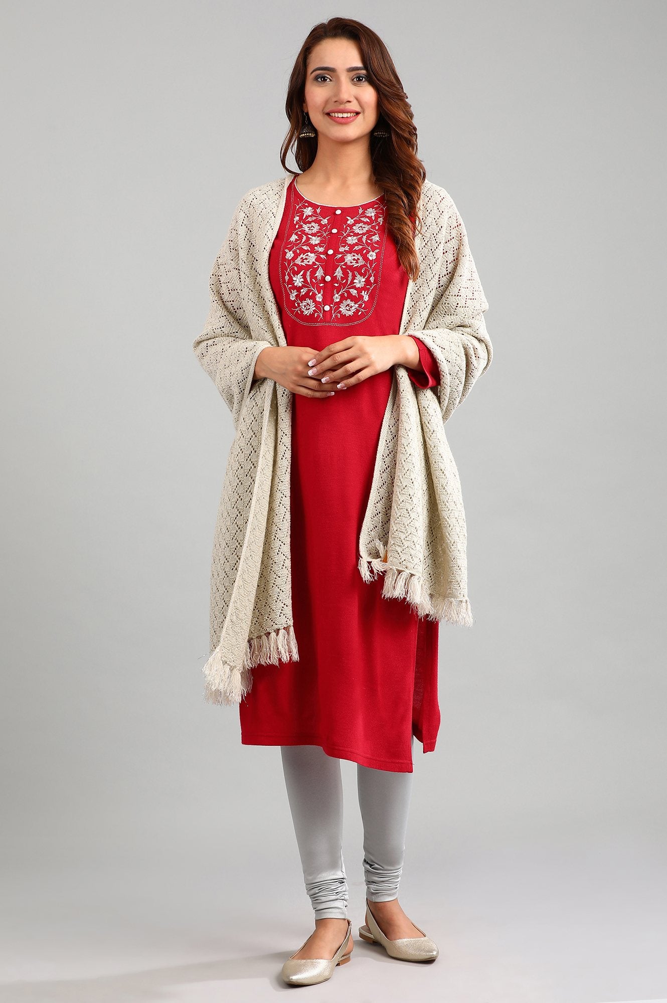 Red Round Neck Yarn-dyed Winter kurta