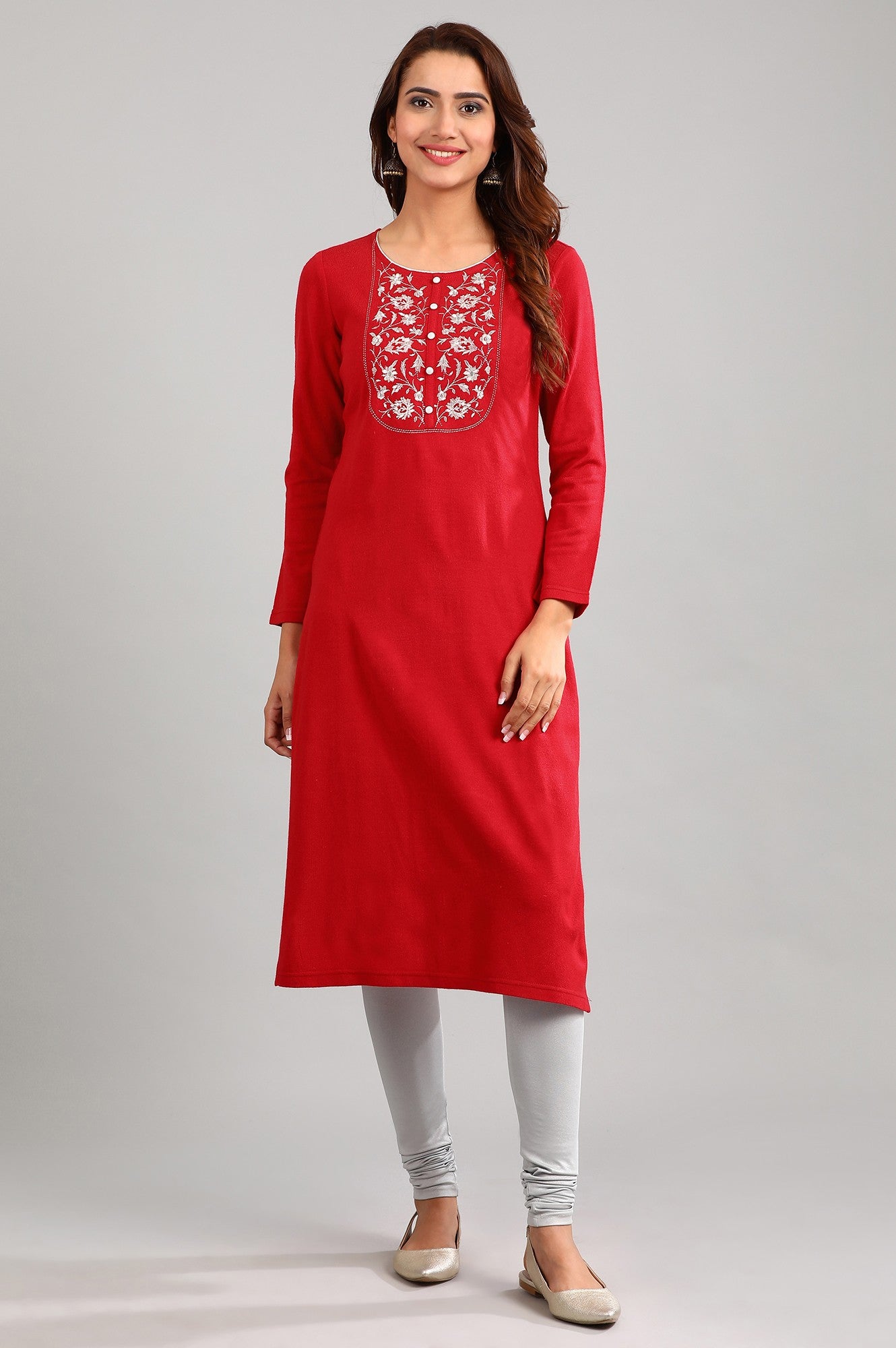 Red Round Neck Yarn-dyed Winter kurta