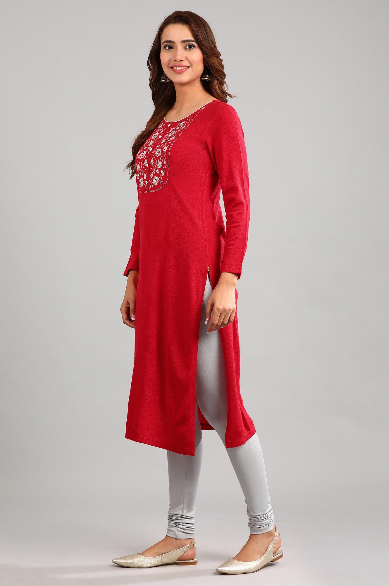 Red Round Neck Yarn-dyed Winter kurta