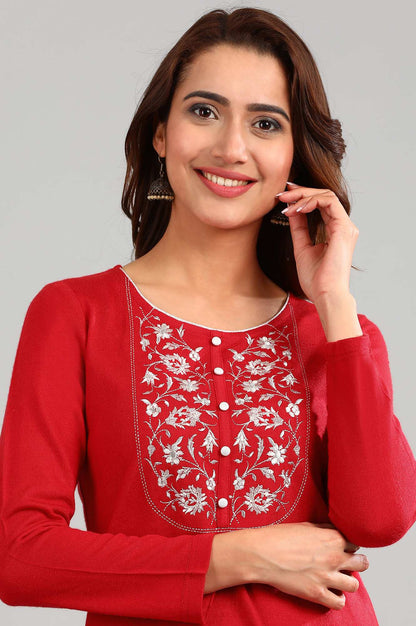 Red Round Neck Yarn-dyed Winter kurta