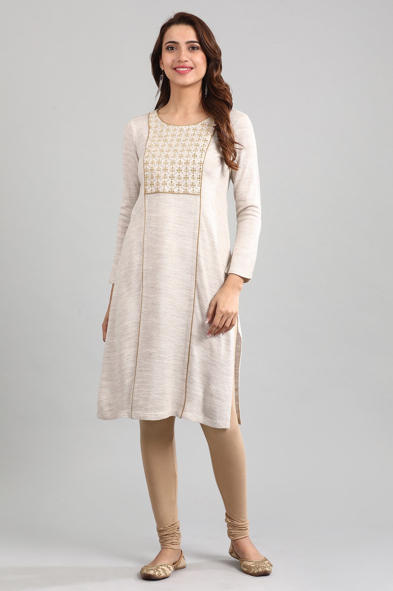 Beige Round Neck Winter kurta